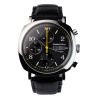 Chronographe Français Humbert Droz HD6.1 Eclipse, un boîtier forme coussin en acier, un cadran noir et un bracelet en cuir.