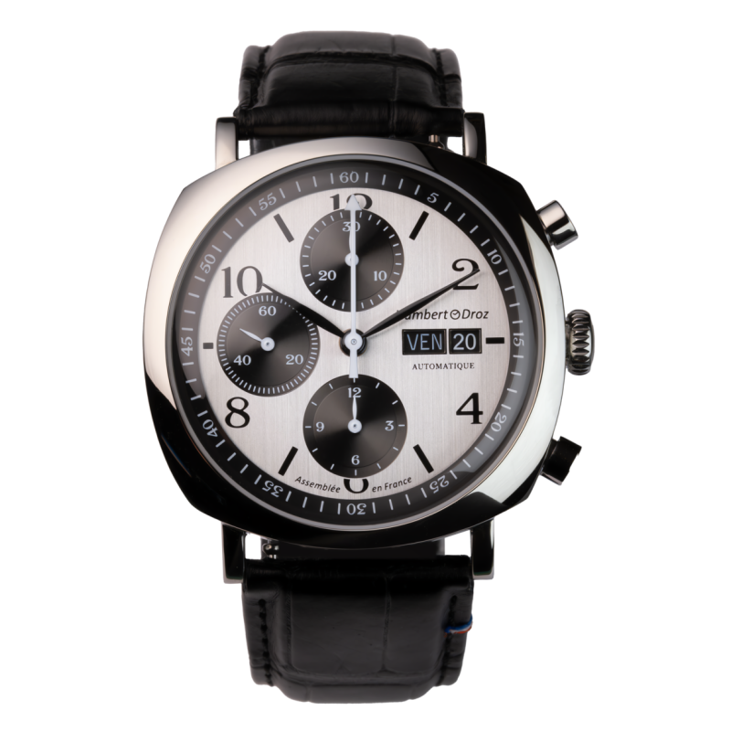 Chronographe iconique Humbert Droz HD6.1 Panda en acier 316L, bracelet en cuir et cadran noir et blanc.