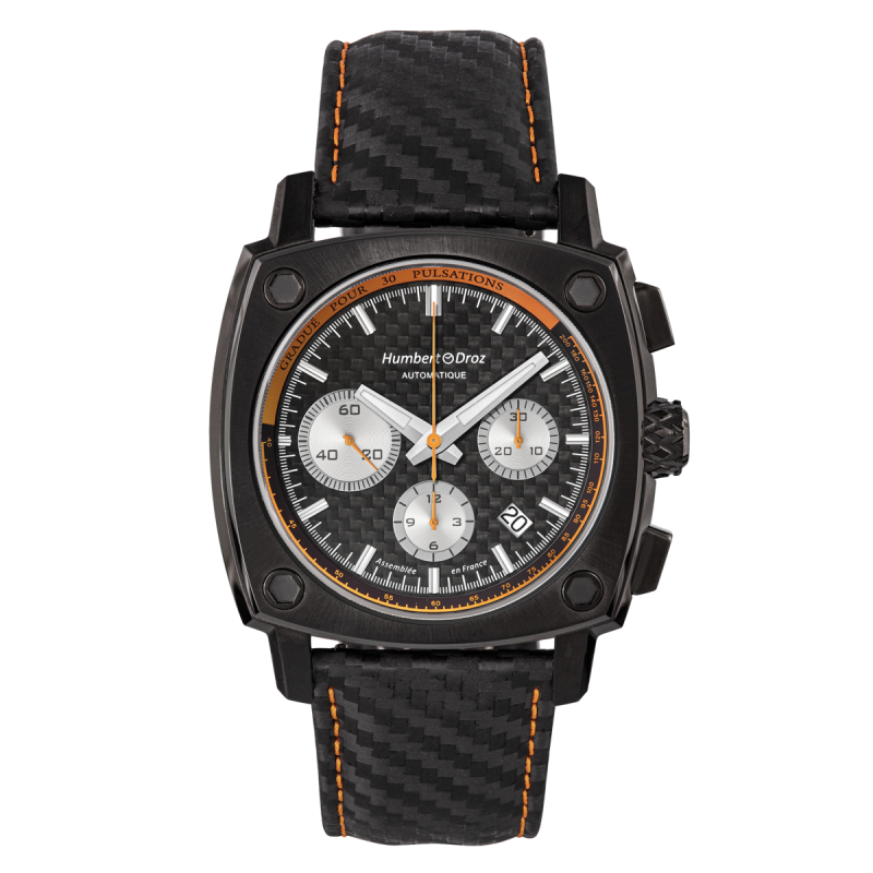 Montre Française Humbert Droz HD7 Pulsomètre Orange, boitier en acier inoxydable noir et bracelet en cuir.