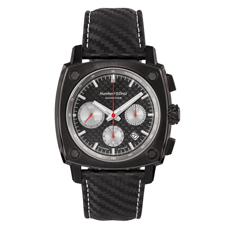 Humbert Droz HD7 Tachymètre, cadran noir et gris, bracelet en cuir et boîtier en PVD noir.