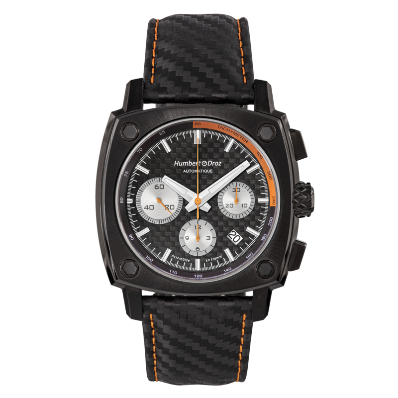 Humbert Droz HD7 Tachymètre Orange, montre en acier noir, cadran gris, noir et orange.