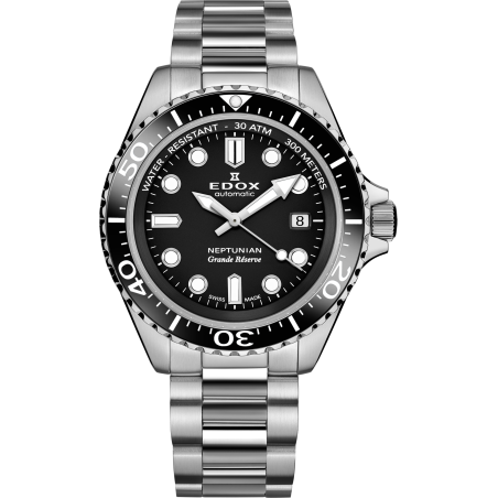 Edox Neptunian grande réserve date automatique 80801 3NM NIN, montre Suisse made en acier 316L avec cadran noir.