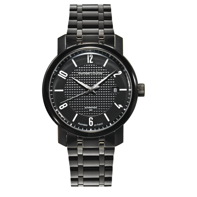 Humbert Droz HD8 Vésuve, une montre avec carrure et bracelet en acier PVD noir et cadran noir.